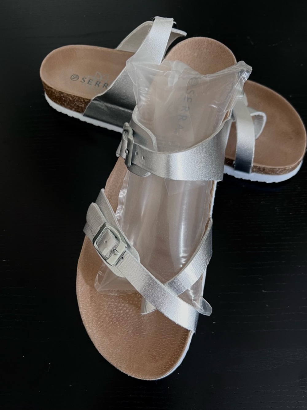 NEW Serra Silver Metallic Double-Buckle Slide Sandals